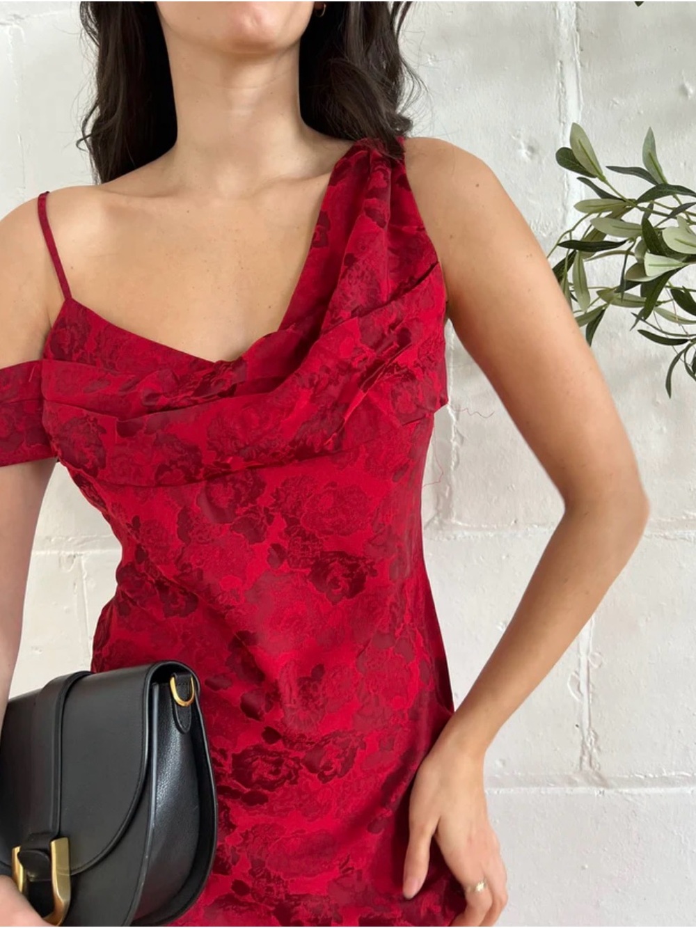 Lost + Wander Rouge Vine Red Floral One-Shoulder Draped Dress